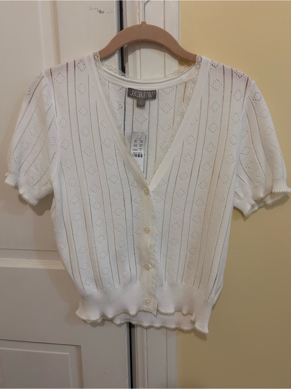 J. Crew White Pointelle Short-Sleeve Cardigan